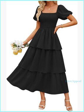 Smocked Midi Dress Puff Sleeve Flowy Tiered Boho Beach Casual